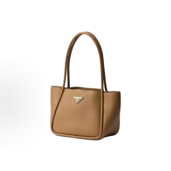 PRADA Enamel metal triangular logo magnetic closed single-shoulder handbag mini Women\'s Camel color